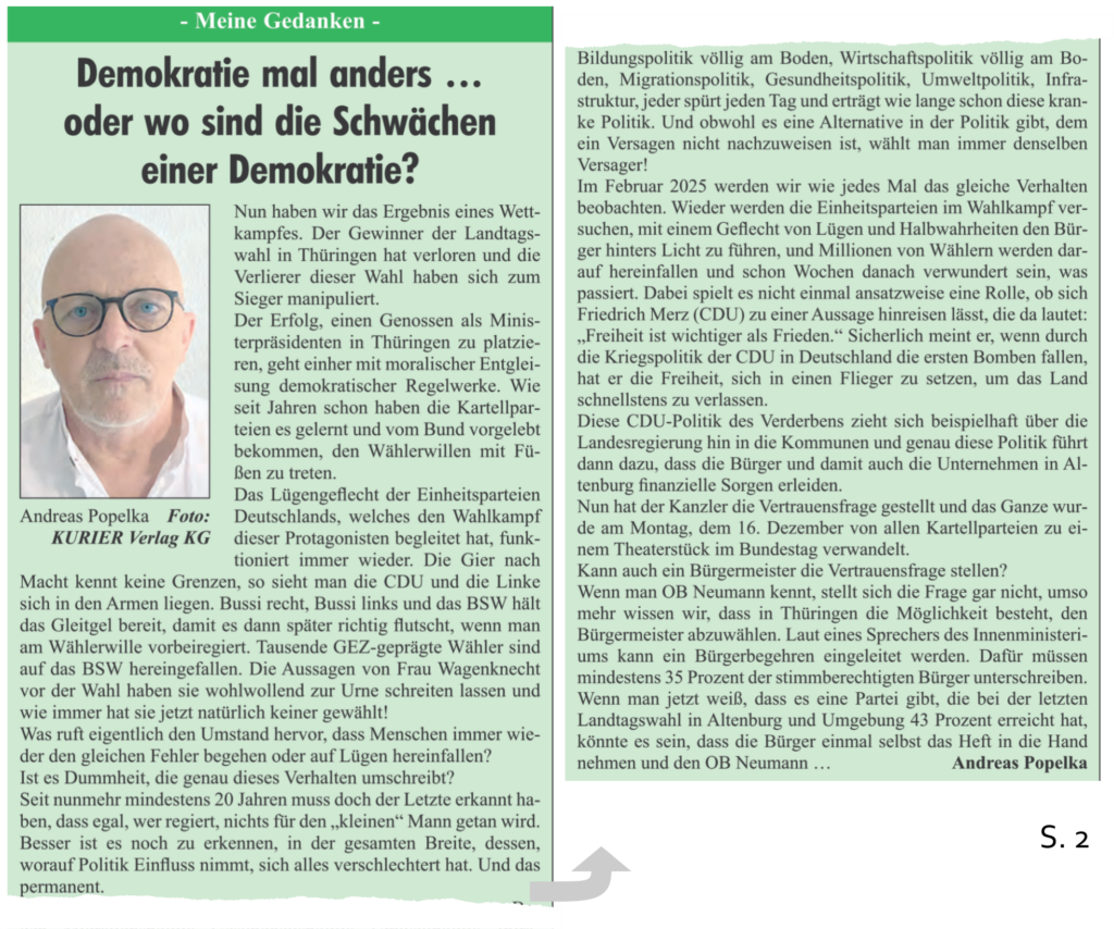 Populismus im Kommerntar der Weihnachtsausgabe des Altenburger Kurier