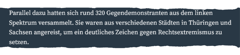 Zitat aus LVZ: Altenburger fehlten bei Gegendemo Zitat aus Heiko Stets, „Demonstrationen zum Tag der Deutschen Einheit: Massiver Polizeieinsatz in Altenburg“, LVZ online, 03.10.2025, 18:15 Uhr